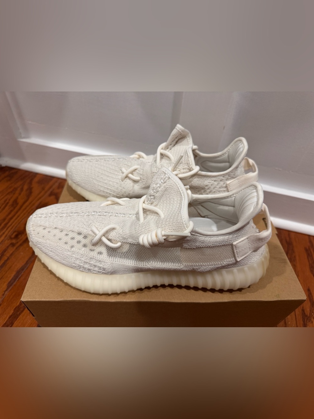 adidas mens YZY 350 Cream Knit Lace-Up Sneakers